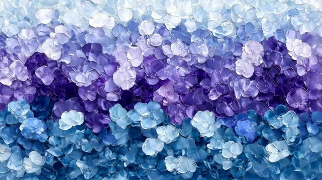 Abstract floral painting in shades of blue and purple, textured with small, detailed shapes