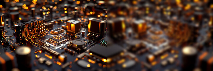 Macro close-up of an orange microcircuit on a circuit board. Perfect for an electronics technology banner with ample copy space