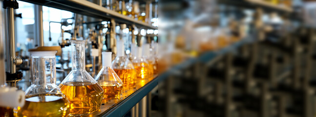 Chemistry laboratory scene. Various flasks and glassware used in the distillation and production of liquid for medicine or alcohol. Ideal for a science banner with copy space