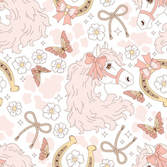Wild West Cowgirl Rodeo girly Coquette horse with a bow and horseshoe on a cow spots printed background Seamless Pattern. Feminine Western Style Boho Floral Vector Print for textiles, wallpapers