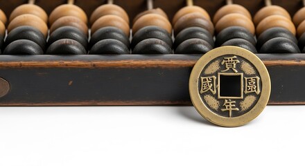 Antique Abacus and Chinese Coin Still Life on White Background