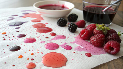 Assorted Berries With Colorful Juice Drops On Paper Towel