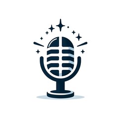 A logo-style illustration of a modern condenser microphone, with a metallic finish and sleek lines, conveying technology and sophistication. The microphone is centered.