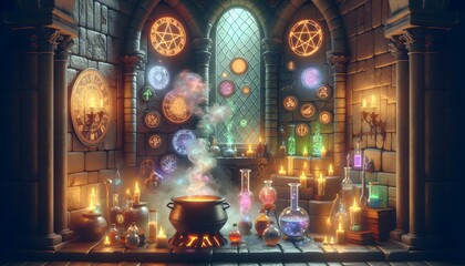 Ancient magical room with a smoking cauldron and glowing magical symbols on the walls
