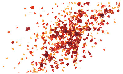 Flying spicy chili red pepper flakes, chopped paprika pile, isolated on white, vector illustration, cooking spices, hot seasoning, red pepper, dried chili.