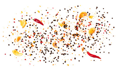 Spicy mix with lemon peel, chili, peppercorns, mustard seeds, allspice, ginger, isolated on white, vector illustration, seasoning, kitchen essentials, cooking ingredients, flavor enhancing.