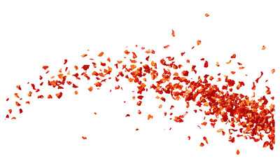 Obraz premium Flying spicy chili pepper flakes, milled dry paprika, chopped isolated on white, vector illustration, hot chili flakes, paprika seasoning, culinary spice, food ingredients.