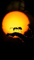 Fototapeta premium Silhouette of ants on branch, fiery sunset