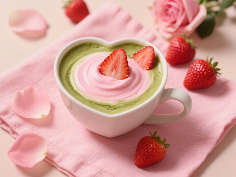 Pastel pink linen napkin with heart-shaped cup of matcha latte topped with strawberry pink foam, fresh strawberries and rose petals around, captured in warm romantic lighting