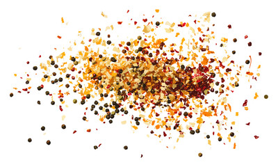 Spicy mixture of spices with chopped lemon peel, chili, peppercorns, mustard seeds, allspice, chopped ginger, isolated on white, top view, vector illustration, cooking, seasoning, flavor blend