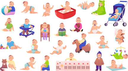 Cute lovely babies development scenes vector set, first year child activity, toddler feeding, playing with toys, bathing