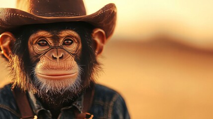 Portrait of a chimpanzee wearing a cowboy hat and denim shirt. Humorous image of animal in human clothing.