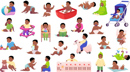 Set of dark-skinned little boys in different actions and poses, vector illustration.