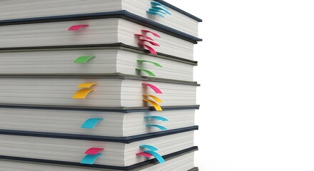 Stack of Books with Colorful Bookmarks on White Background Learning Concept