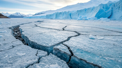 Cracked Ice Glacier Surface With Deep Blue Crevasses