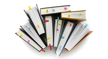 Stack of Books with Colorful Sticky Notes Isolated on White Background