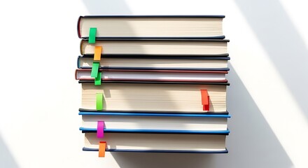 Stack of Books with Colorful Bookmarks on White Background for Study