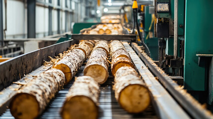Automated wood processing line with logs on conveyor belts