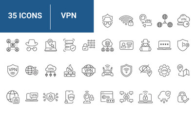 VPN Web Icon Set in Line Style. Collection of Internet security Linear Icons, Including privacy, proxy, firewall, online protection, cybersecurity, privacy, secure connection and more. Editable Stroke