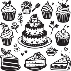 Hand-Drawn Wedding and Birthday Cake & Cupcake Doodle Set