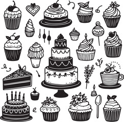 Hand-Drawn Wedding and Birthday Cake & Cupcake Doodle Set