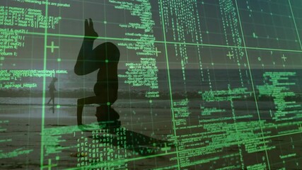 Woman holding headstand on beach as tech interface appearing and scrolling code overlaying scene - Powered by Adobe