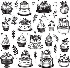 Hand-Drawn Wedding and Birthday Cake & Cupcake Doodle Set