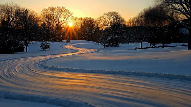 Winter wonderland cross-country ski trail at sunrise