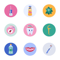Lovely cartoon round cover icon with stomatology and dentistry clipart for different social media, blogs, branding. Highlight icons for stories with toothpaste, teeth, lips clipart in bright colors.