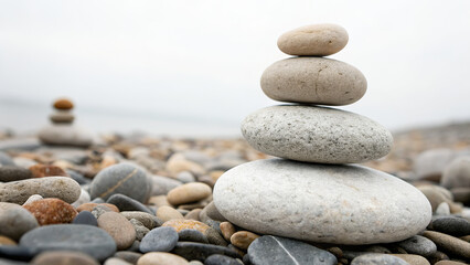 Stone Cairn Balance On Pebble Beach With Shallow Focus
