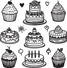 Hand-Drawn Wedding and Birthday Cake & Cupcake Doodle Set