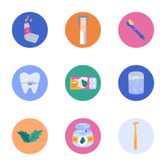 Lovely cartoon round cover icon with oral care clipart for different social media, blogs, business. Highlight icons for stories with toothbrush, dental floss, braces, bubble gum in vivid colors.