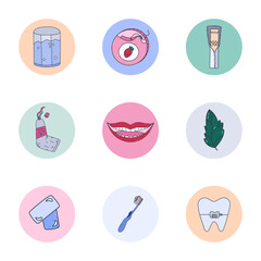 Colorful round cover icons with dental hygiene products for different social media, blogs, business, branding. Highlight icons for stories with doodle for white and healthy smile in pastel colors.