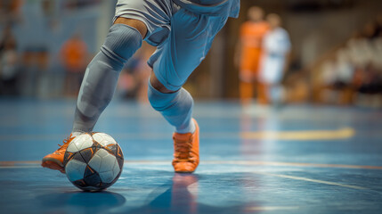 Naklejka premium Dynamic Futsal Action: Youth Soccer Player Kicking in Indoor Arena with Orange Shoes – Skills and Agility in Team Sport Competition