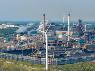Fototapeta premium Aerial drone photo of the steel factory in Ijmuiden, the Netherlands.