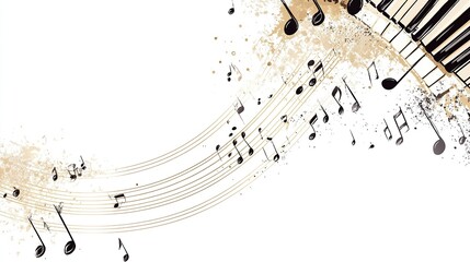 Abstract musical notation swirls with piano keys and scattered notes
