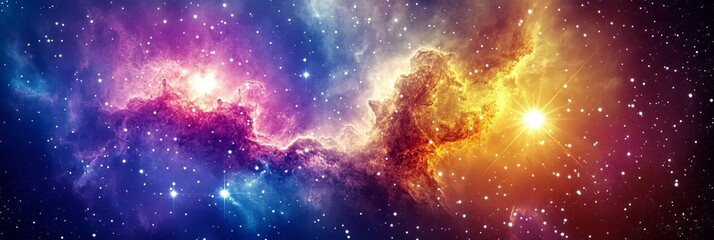 Naklejka premium Awe-Inspiring Nebula in Vibrant Colors, Featuring Fiery Clouds, Glowing Dust and Twinkling Stars.