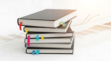 Stack of Books with Bookmarks on Financial Charts Background