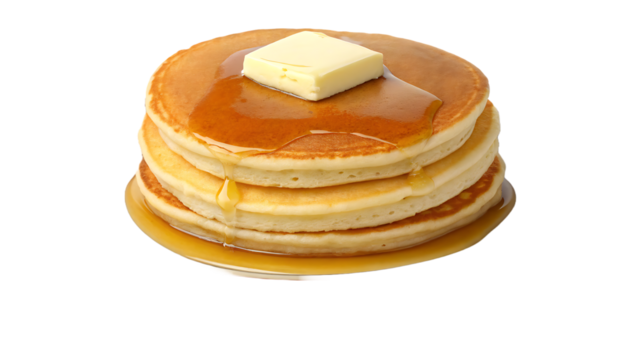 Delicious buttery pancakes with syrup isolated on transparent background