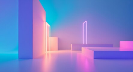 Fototapeta premium Abstract Geometric Composition with Neon Accents, Platforms and Gradient Colors.