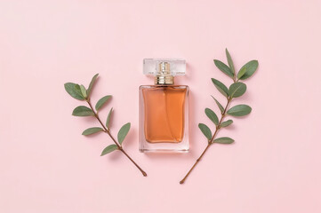 Amber Perfume Bottle with Eucalyptus Leaves on Pastel Pink Background, Elegant Luxury Fragrance
