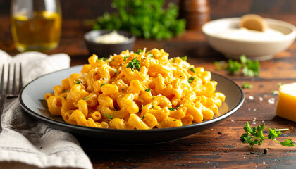 Plate of macaroni and cheese. Tasty food. Delicious dish. Cooking and culinary concept.