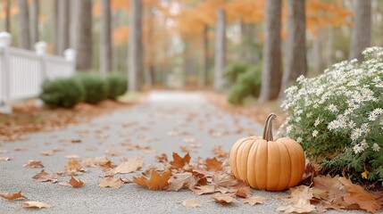Autumn Pumpkin Sits Amidst Falling Golden Leaves Perfect Fall Scene Features Vibrant Orange Pumpkin