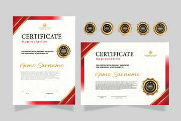 Profesional award certificate template with red and gold shape design. Certificate appreciation, achievement, diploma with set of premium badges.