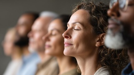 Fototapeta premium Diverse group engages in mindful meditation indoors with eyes closed in a serene environment