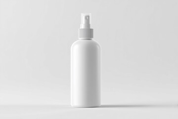 A white bottle of perfume is sitting on a white background. The bottle is empty and has a clear cap. The image is a close up of the bottle, with no other objects or distractions in the frame