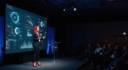 Woman presenting data visualization during a conference with audience in attendance