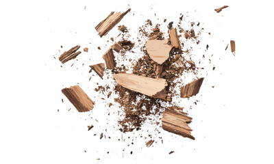 Wood pieces and dust, crushed tree bark isolated on white background, organic texture, top view, natural elements, rustic vector illustration, forest textures, eco-friendly materials.