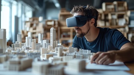 virtual reality building model, vr architecture, bim digital information, augmented build city planning, futuristic architect in office glasses