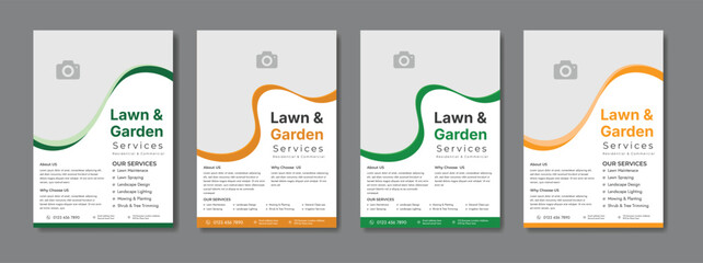 Landscape Gardening Services Lawn Care Flyer Template with Green and Yellow Accents